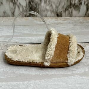 Minnetonka Brown Suede Sherpa Lined Slip On Slides Women Sz 7 Comfy House Shoes